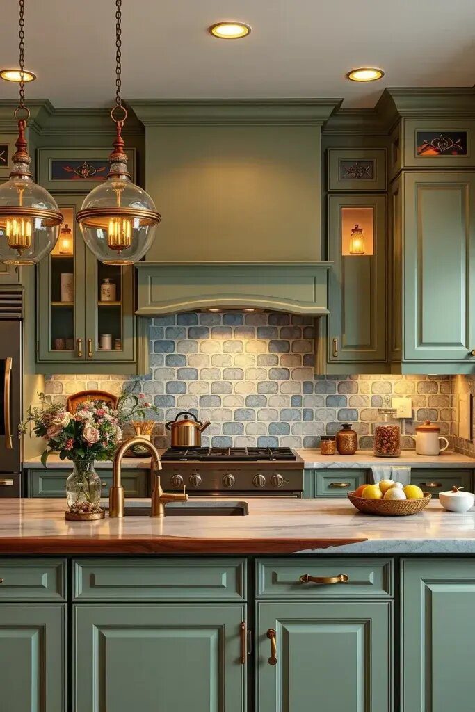 Layered Lighting That Showcases Sage and Blue