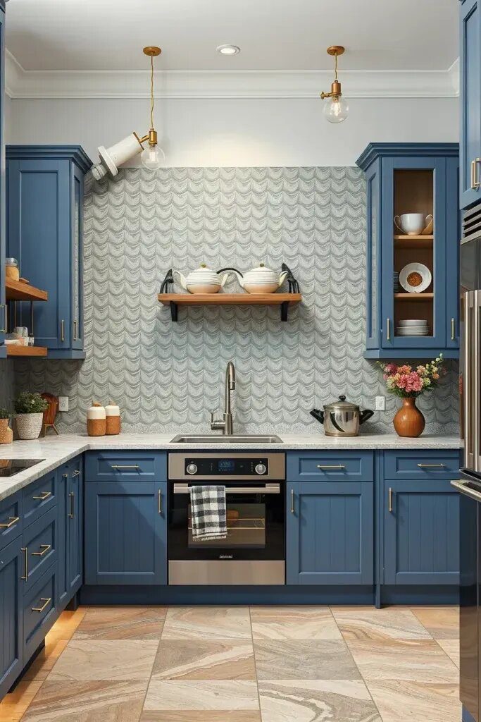 Sage Backsplash Against Blue Cabinets