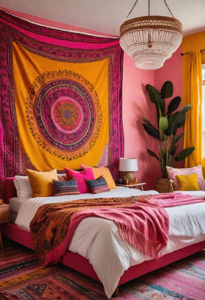 33. Boho Pink & Yellow Tapestry Ideas