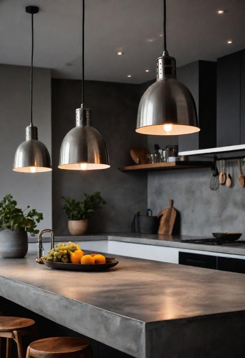 5. Industrial Lights Over Concrete Counters
