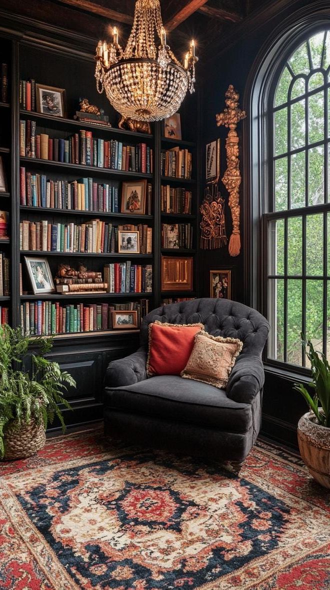 10. Dark Bookshelf Wall With A Reading Nook