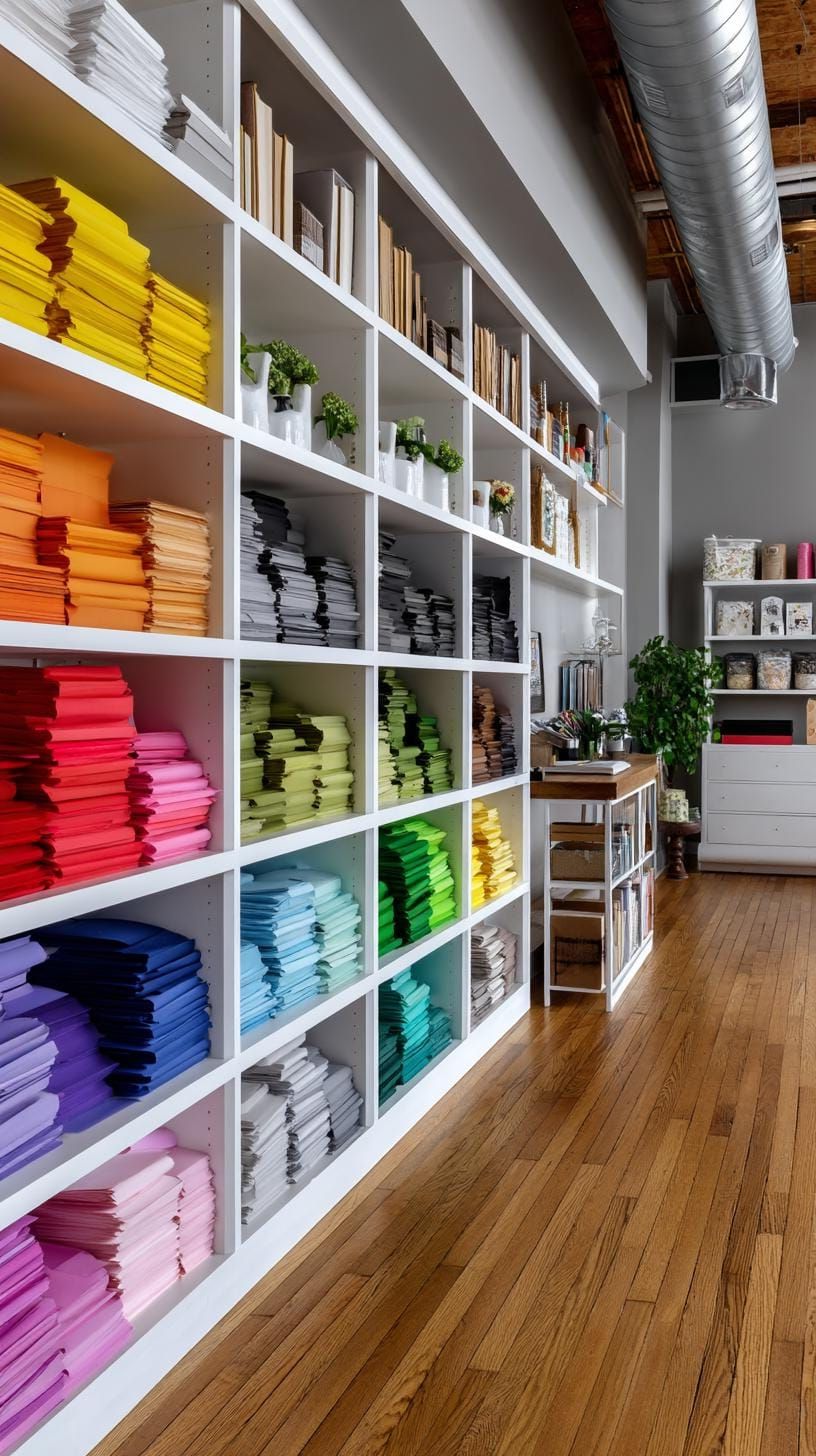14. Colorful Paper Wall Display on Open Shelves