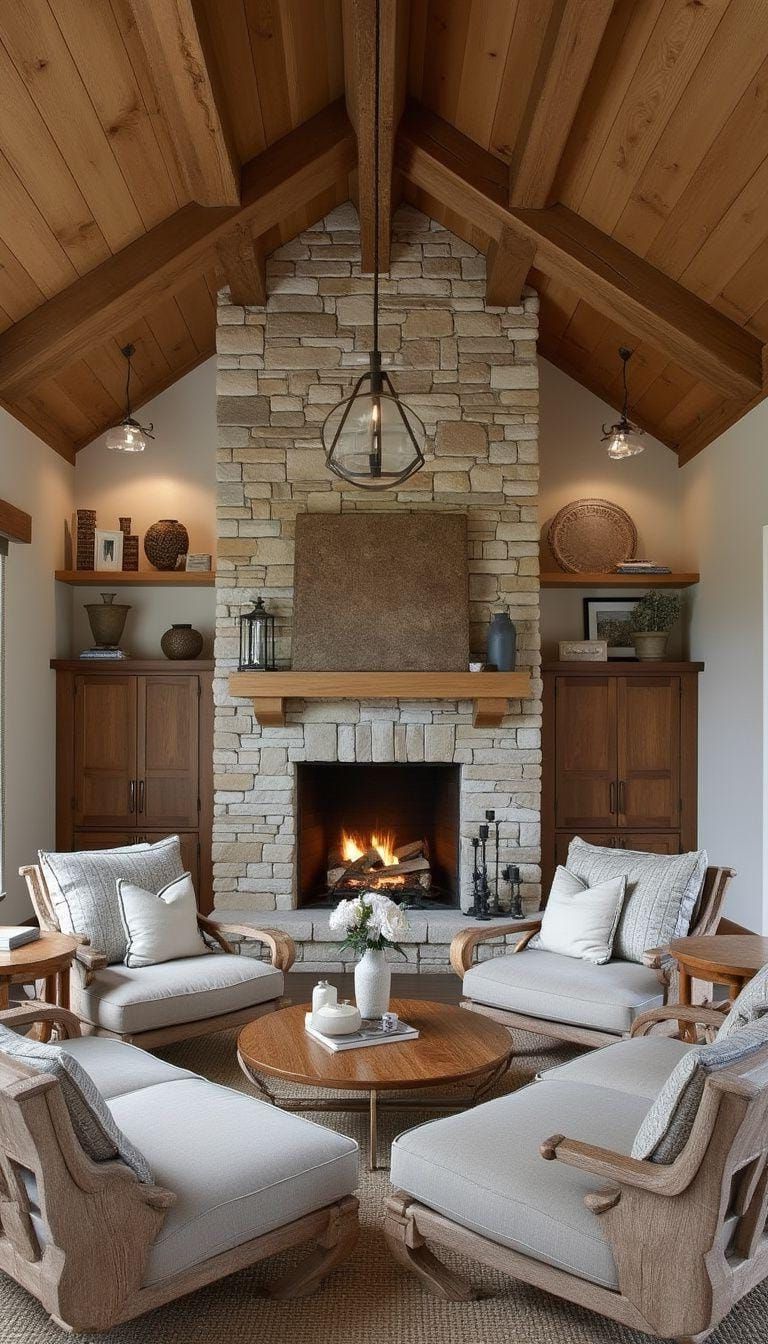 16. Stone and Timber Seating Around the Fireplace