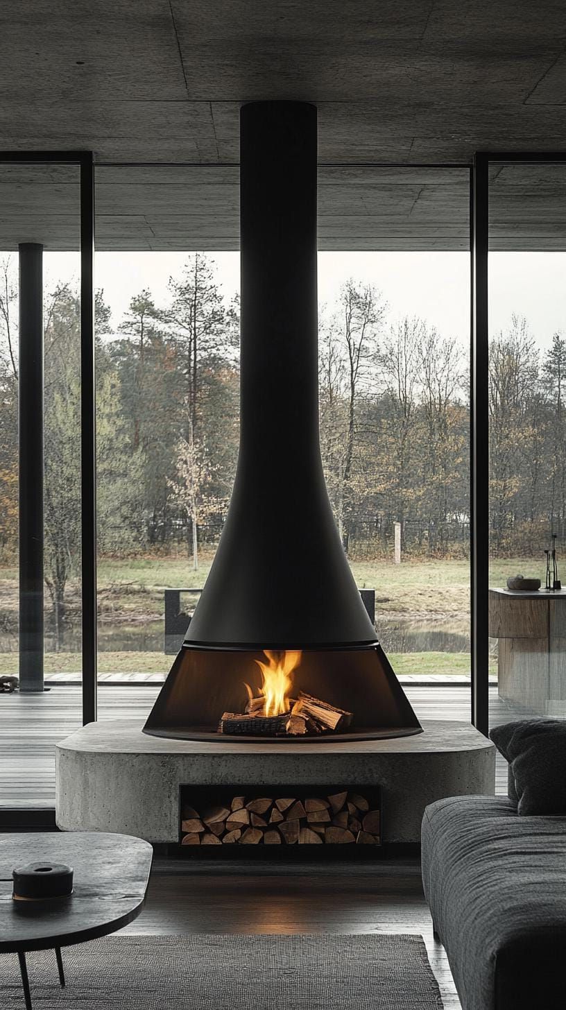 4. Sleek black metal fireplace with concrete surround and wood storage
