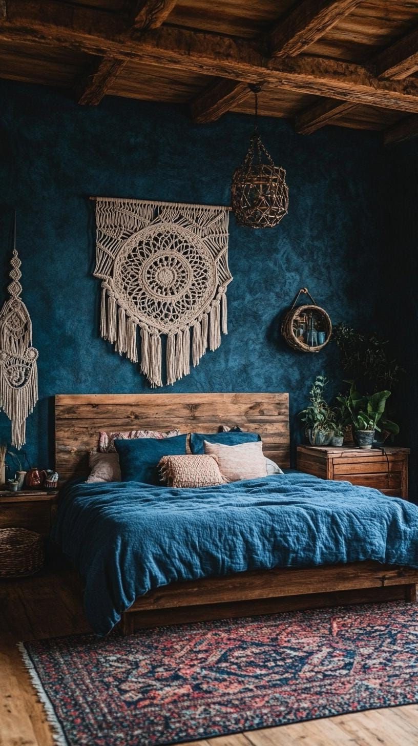 6. Moody Dark Blue Walls, Rustic Wood Furniture