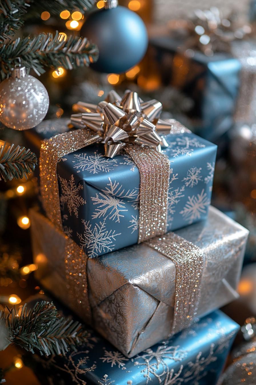 7. Chic Metallic Blue Gift Wrap