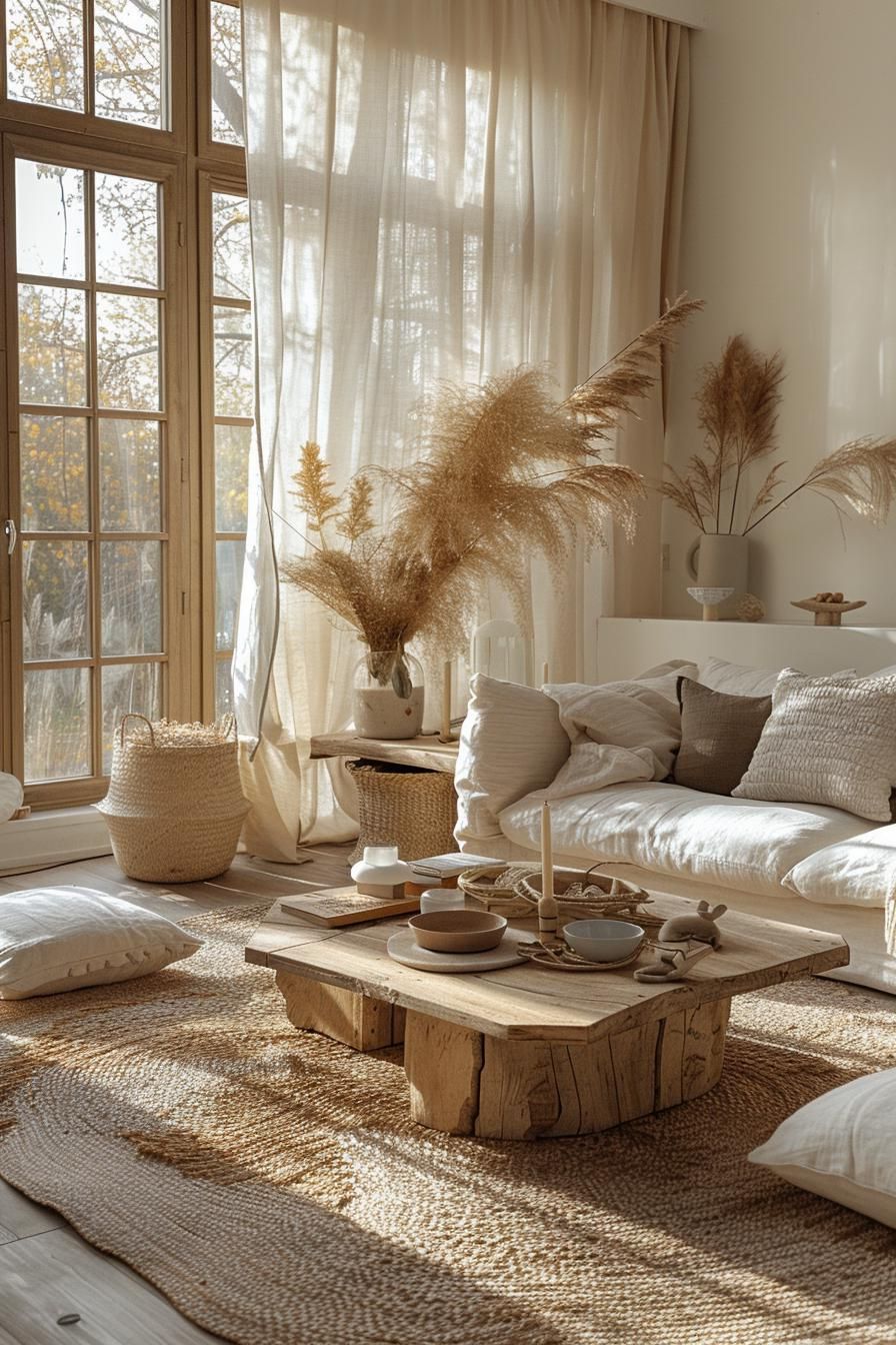 1. Natural Wood and Linen Living Room