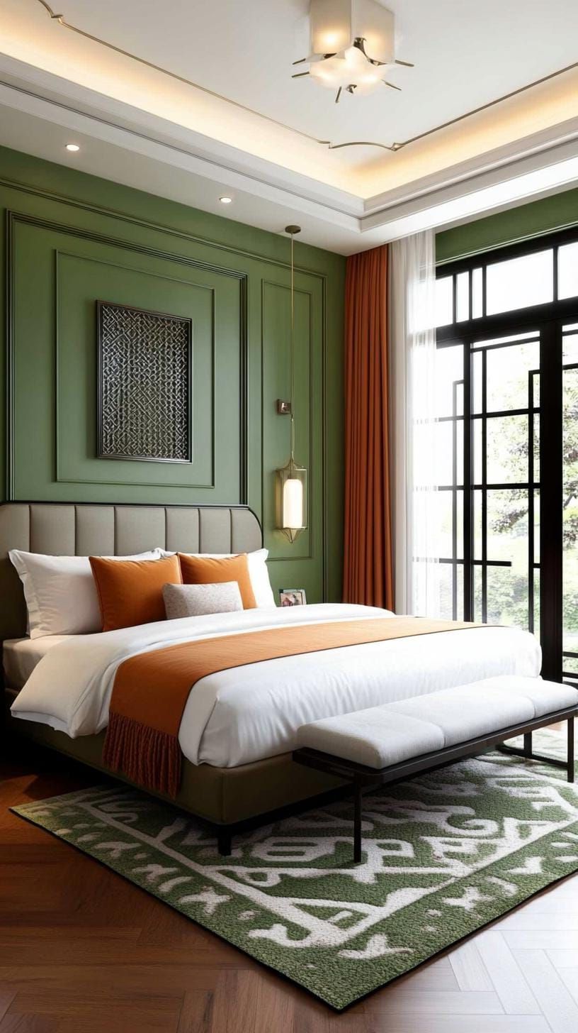 15. Art Deco Olive Green Bedroom with Bold Metalwork