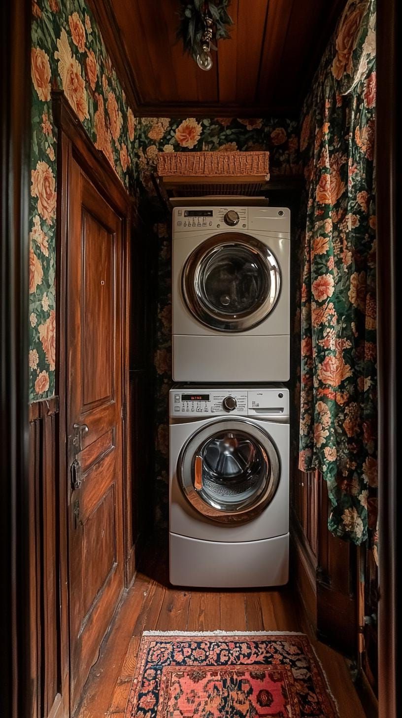 19. Vintage laundry room with apron sink and patterned wallpaper - photo 2