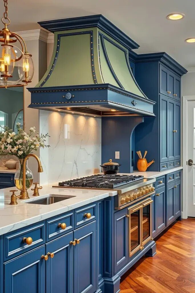 Sage Range Hoods with Blue Trim Details