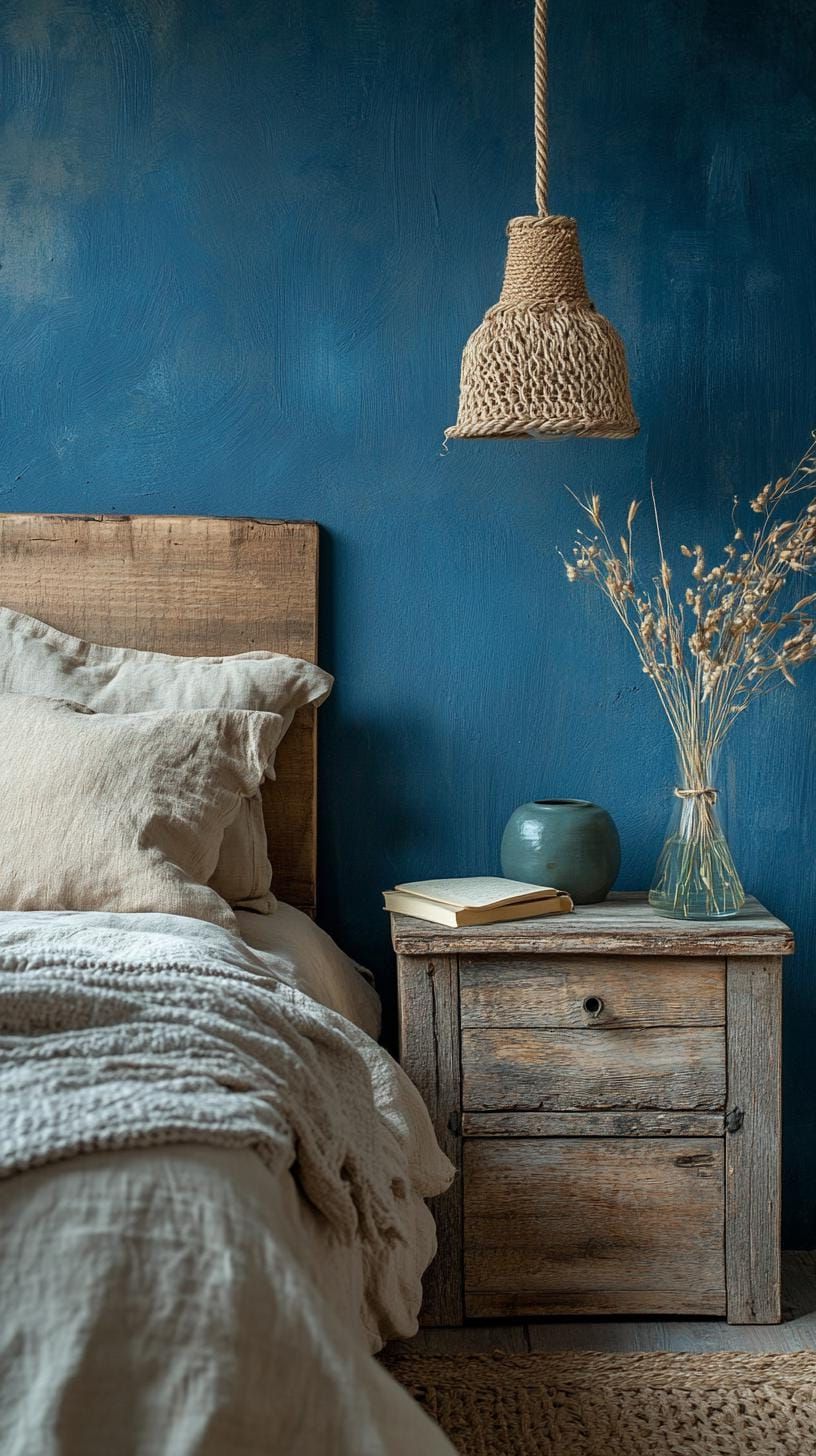 6. Moody Dark Blue Walls, Rustic Wood Furniture - photo 2