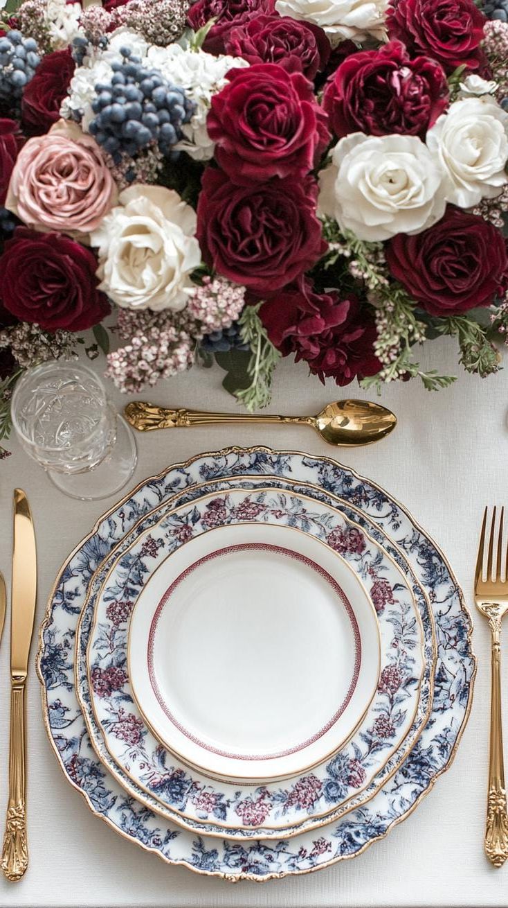 3. Navy and Burgundy Settings With Gold Cutlery - photo 2