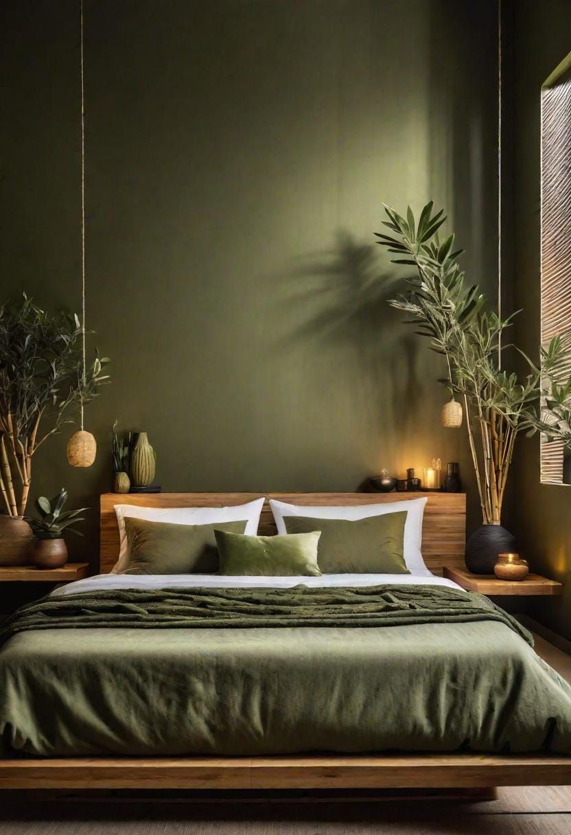4. Zen Olive Green Bedroom with Bamboo Accents - photo 4