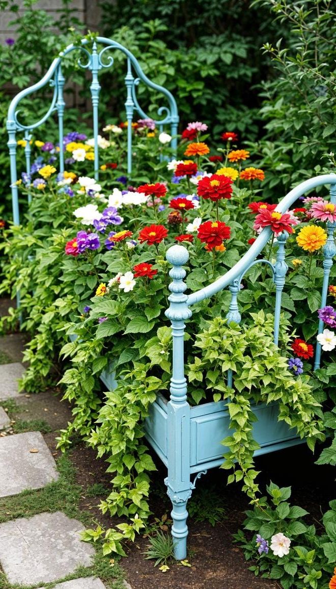 7. Turn an Old Metal Bed Frame Into a Flower Bed