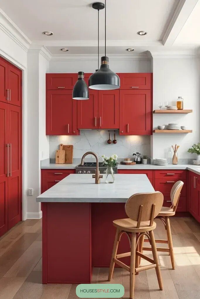 Artistic Red Cabinet Doors for a Bright Kitchen