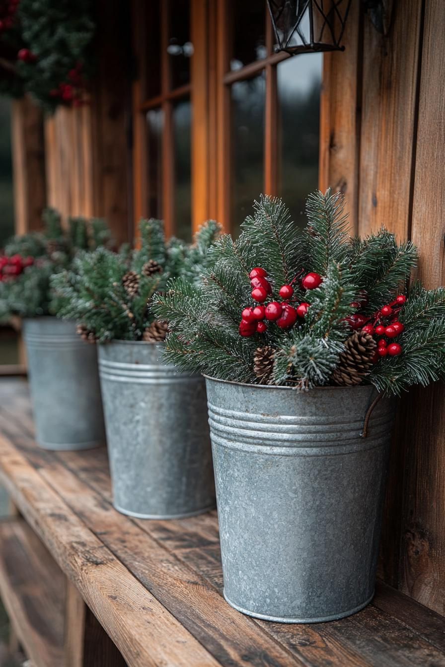 22. Galvanized Buckets Filled with Evergreens