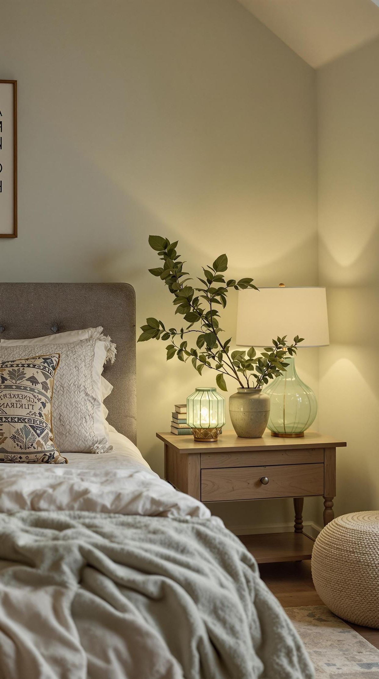 23. Sage-Hued Glass Lanterns and Lamps