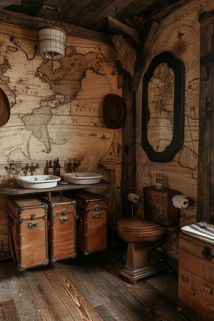 22. Explorer-Themed Bathroom With Maps and Suitcases - photo 2