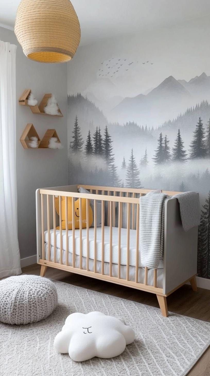 10. Misty Meadow Nursery in Pale Gray and Cloud Motifs