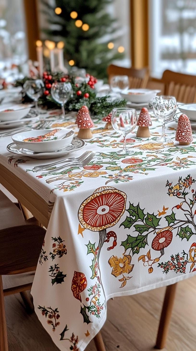16. Kitsch tablecloth pattern with mushrooms and reindeer