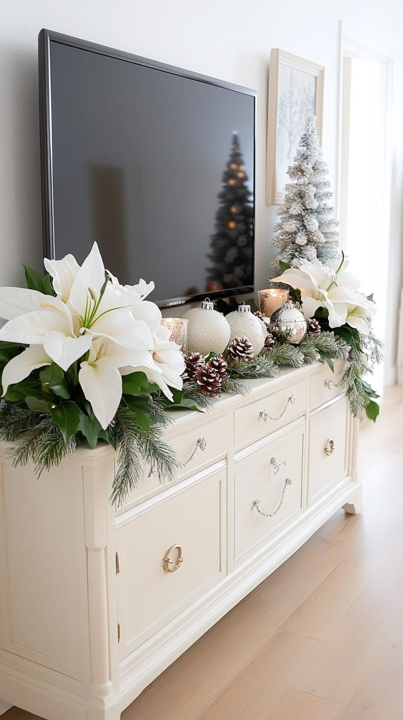4. Elegant metallic TV stand with garland and floral accents
