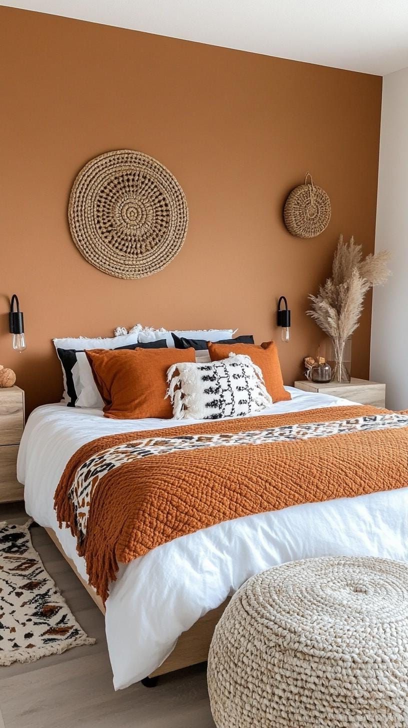 22. Terracotta Walls With A Patterned Bedspread And Cozy Lights - photo 2