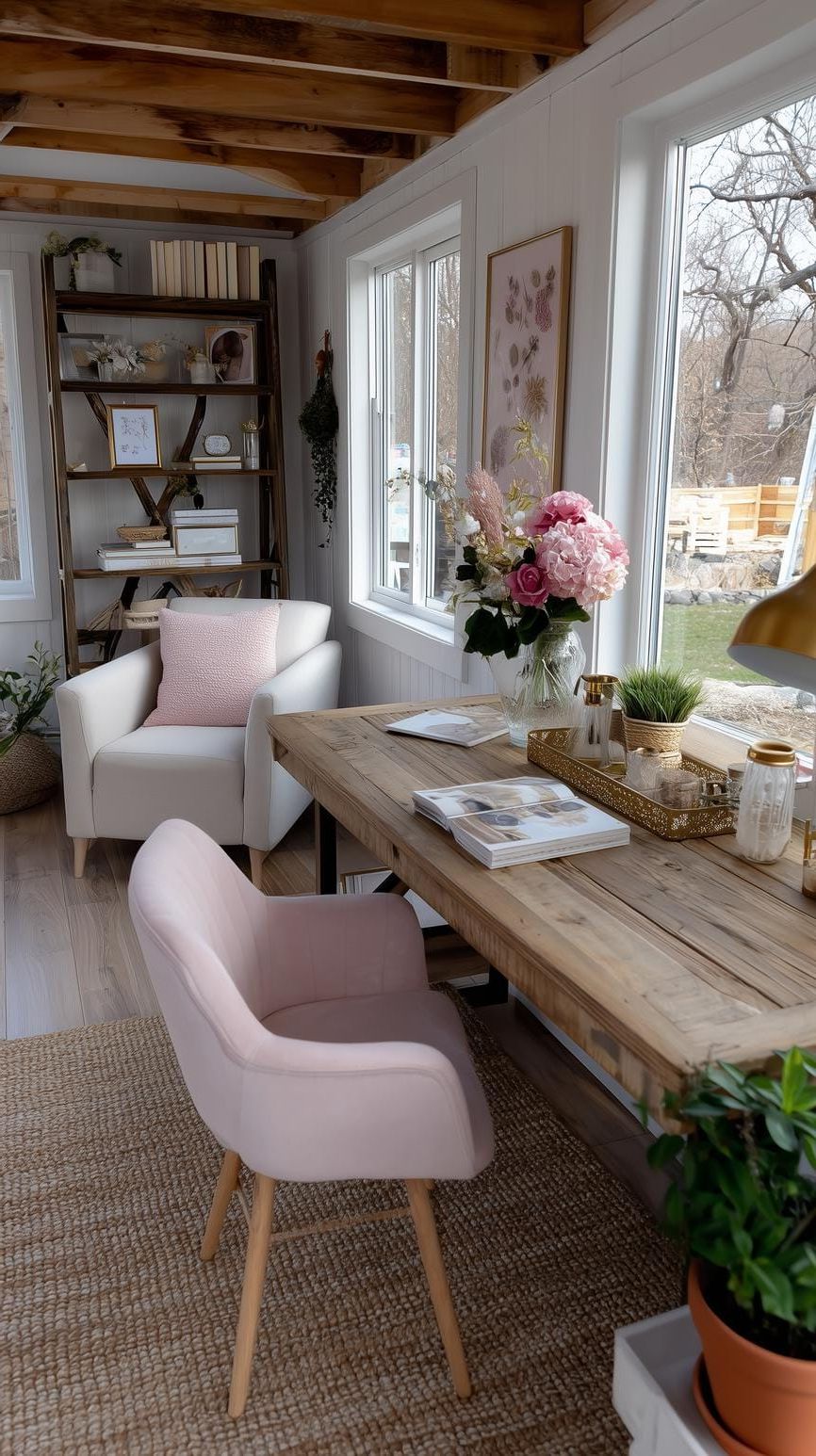 15. White She Shed with Blush Accents and Wingback Chair - photo 2