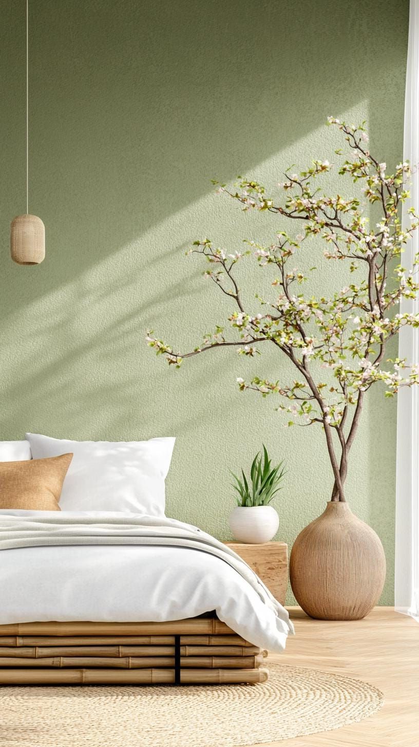 3. Zen-Inspired Retreat with Sage Green Walls and Bamboo Decor