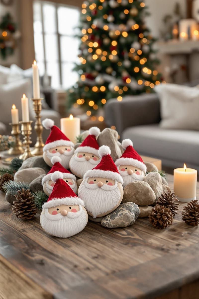 6. Painted Santa Rocks for Mantel Display