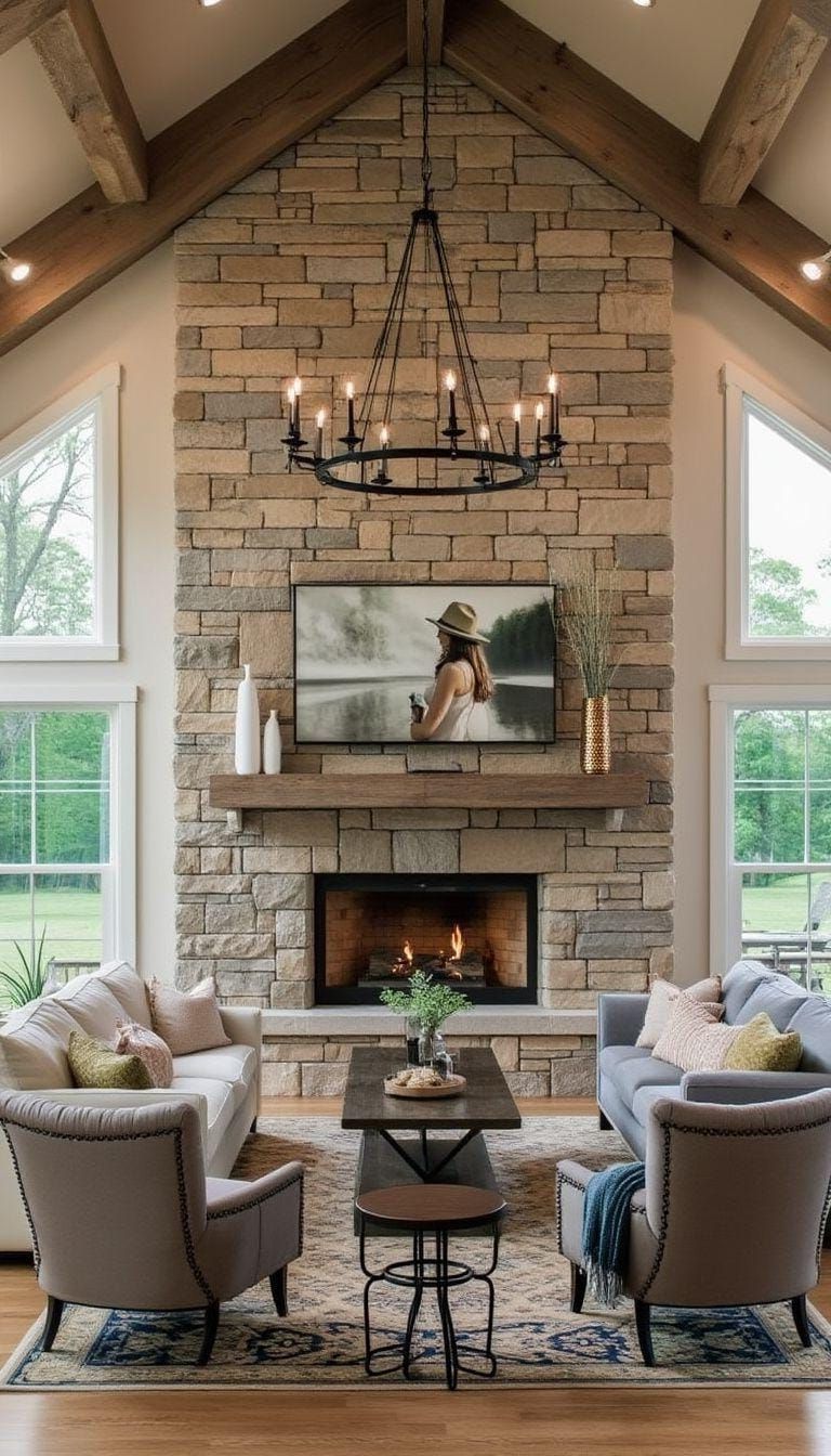 3. Stone Fireplace as the Room's Centerpiece