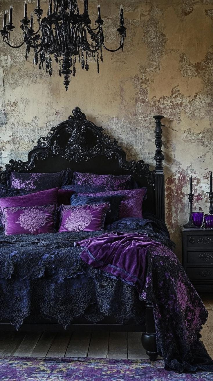 3. Black Bed Frame Layered With Jewel-Toned Fabrics And Lace - photo 4