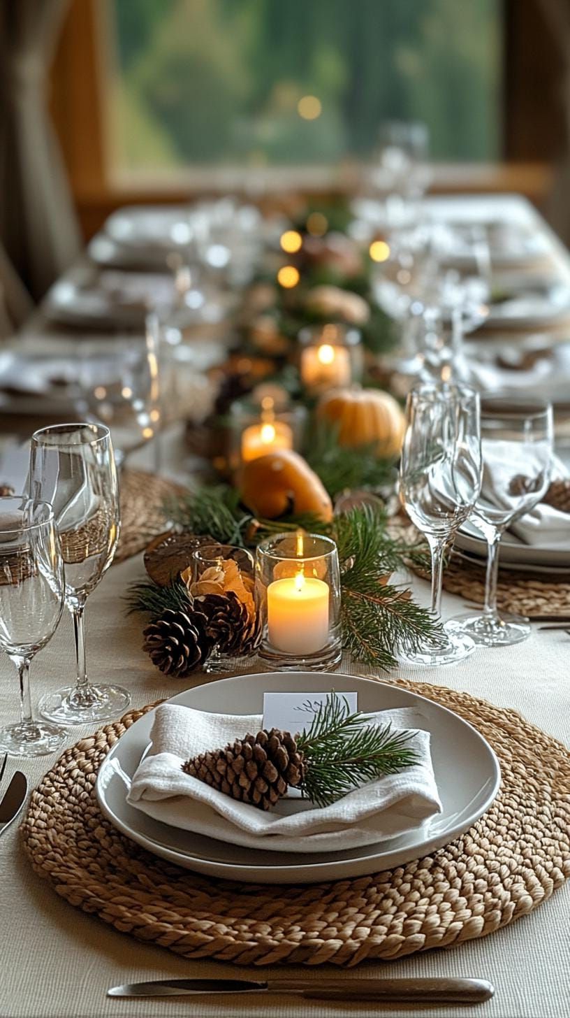 10. Neutral Tablescape With Woven Placemats and Pinecones - photo 2