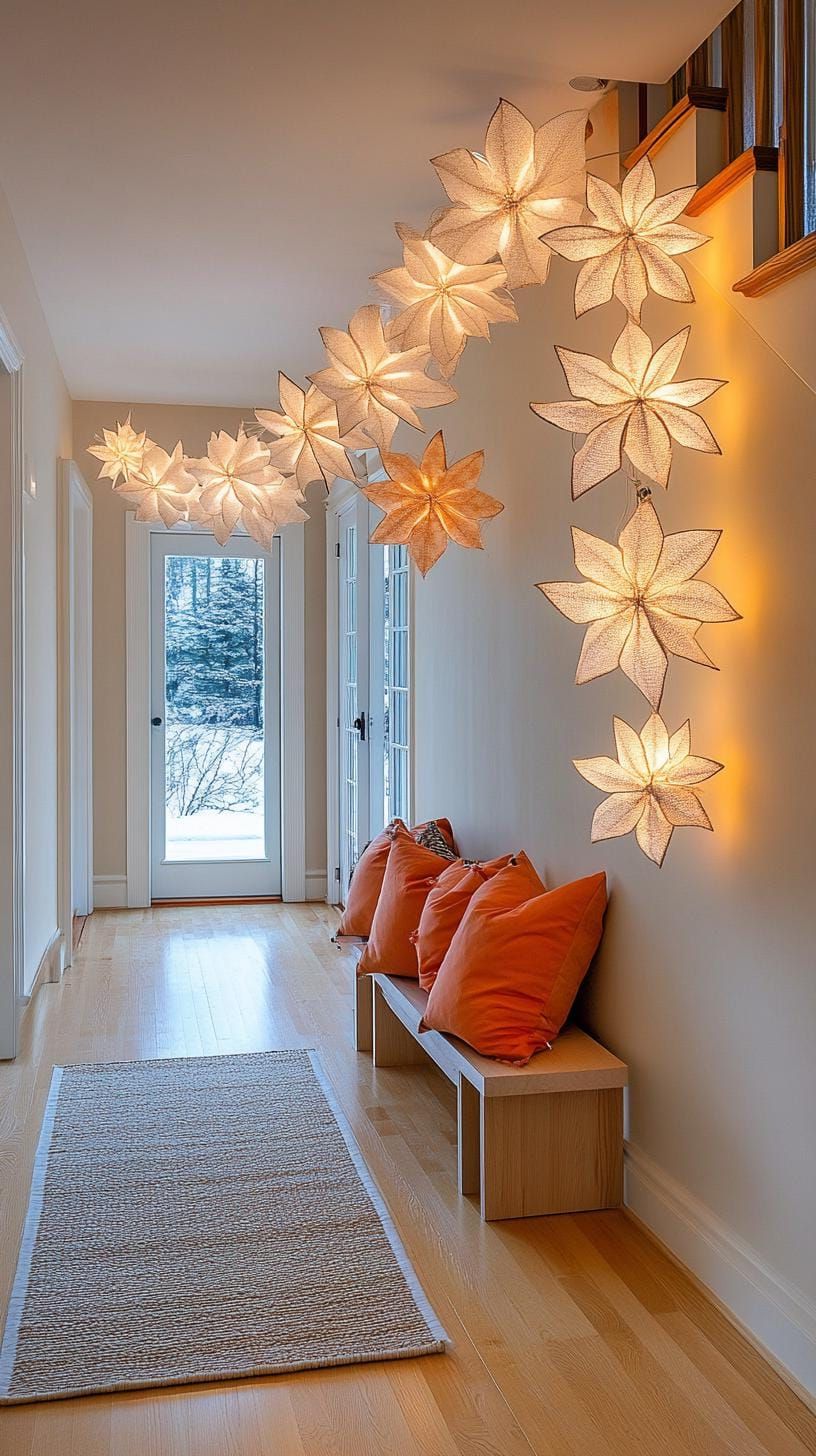 2. White snowflake curtains with a warm LED glow behind them