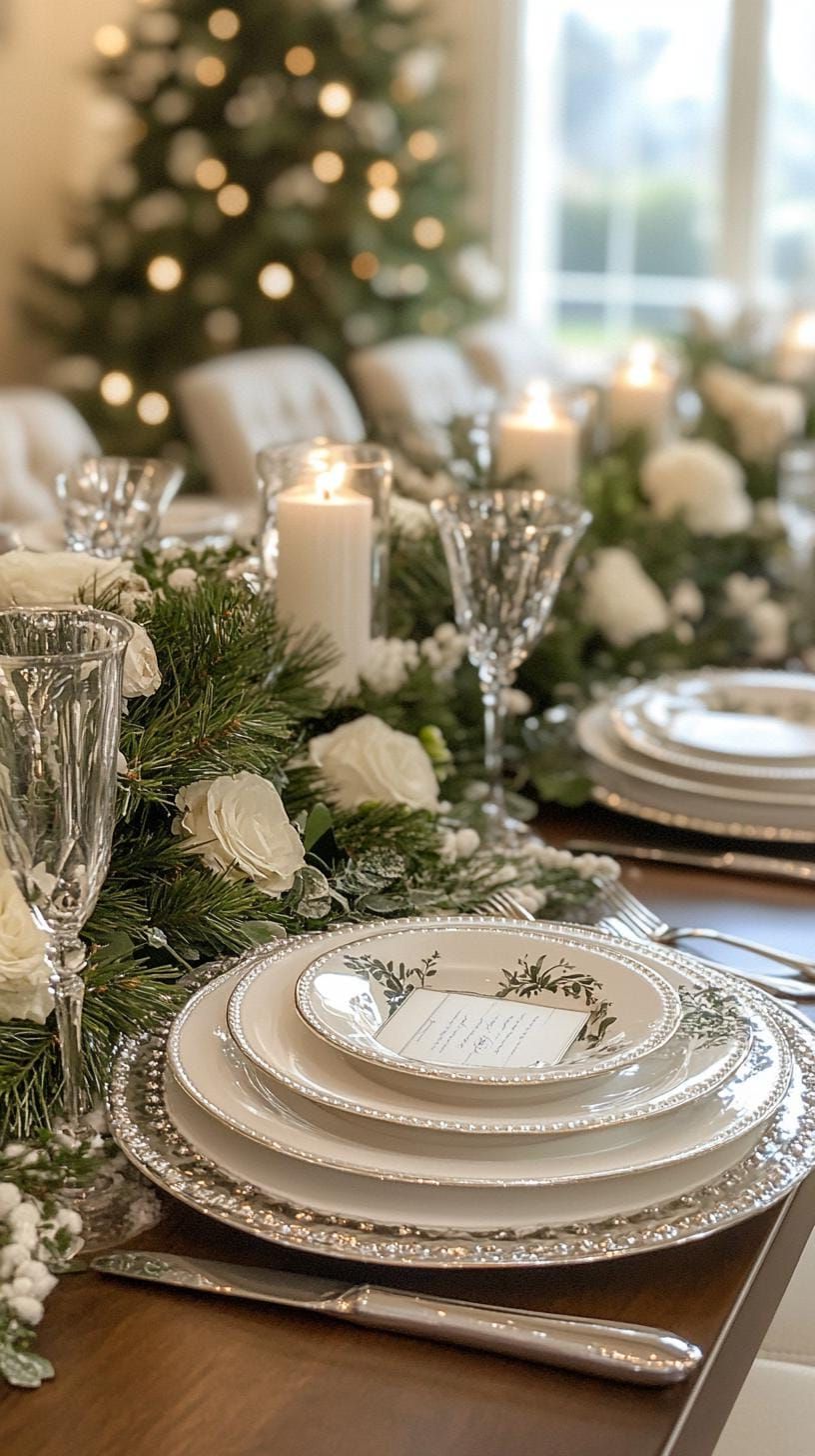 12. White-on-White Table With Silver Candlesticks and Greenery