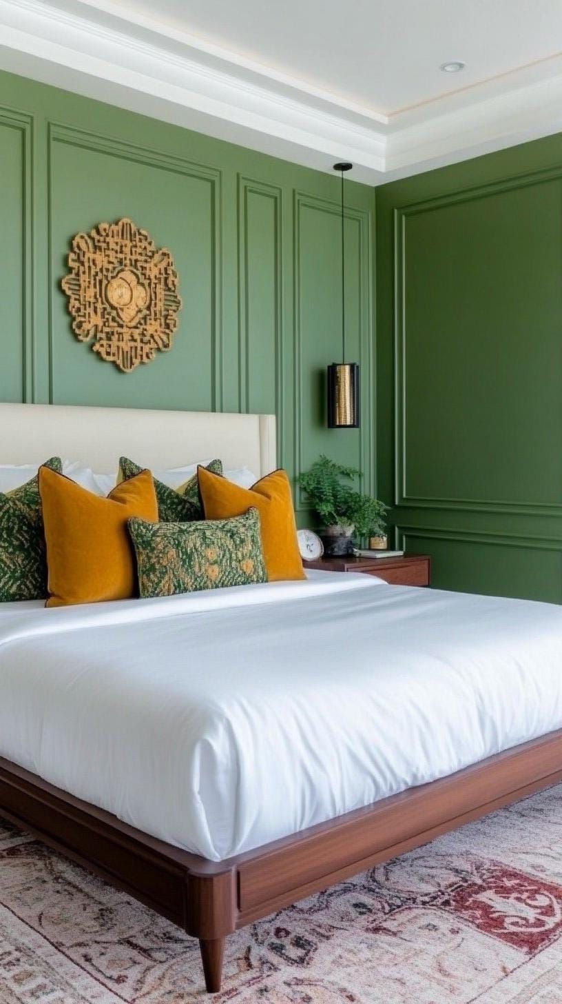 15. Art Deco Olive Green Bedroom with Bold Metalwork - photo 3