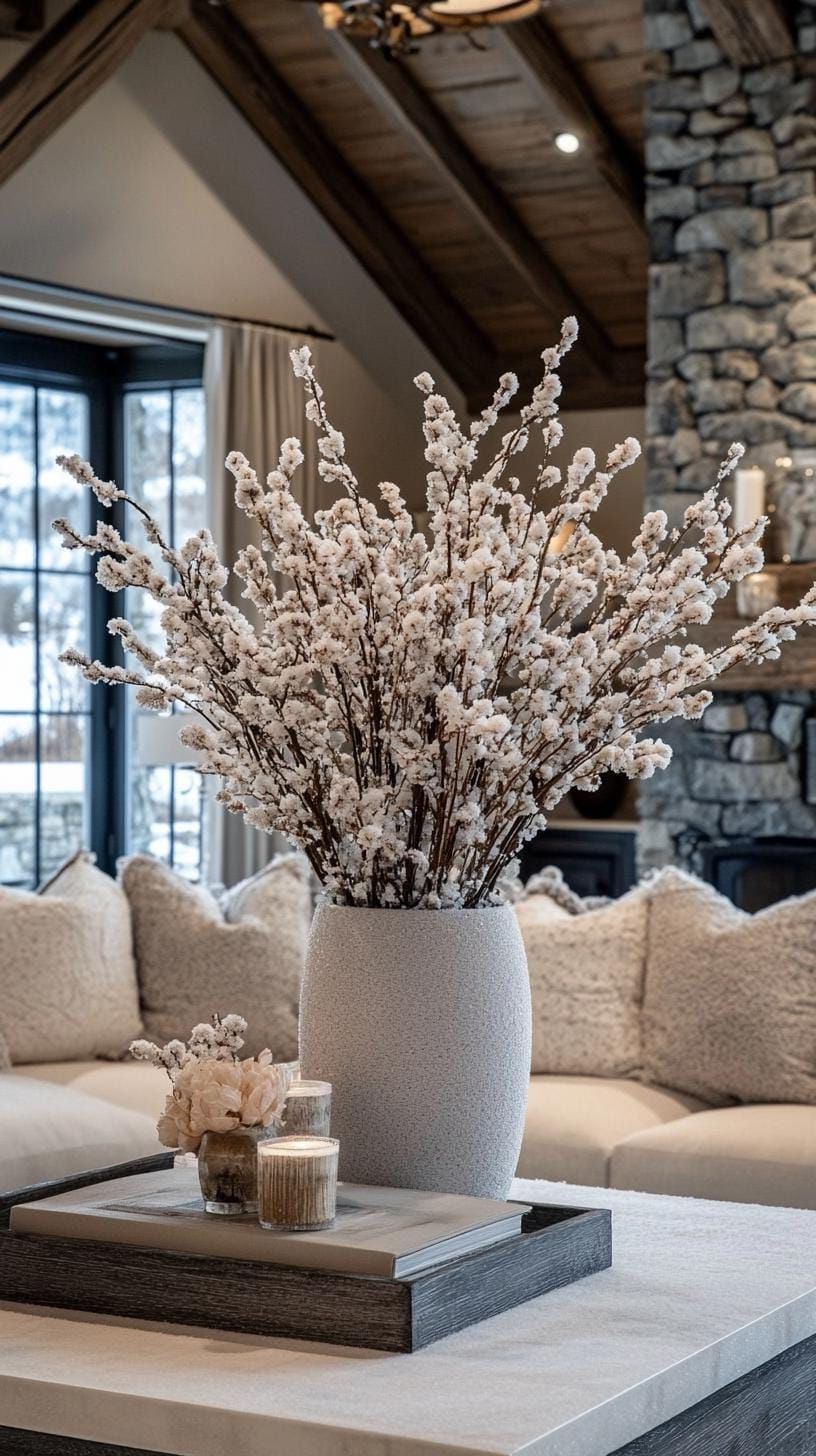 20. Faux Snow-Dusted Branches in Neutral Vases - photo 3