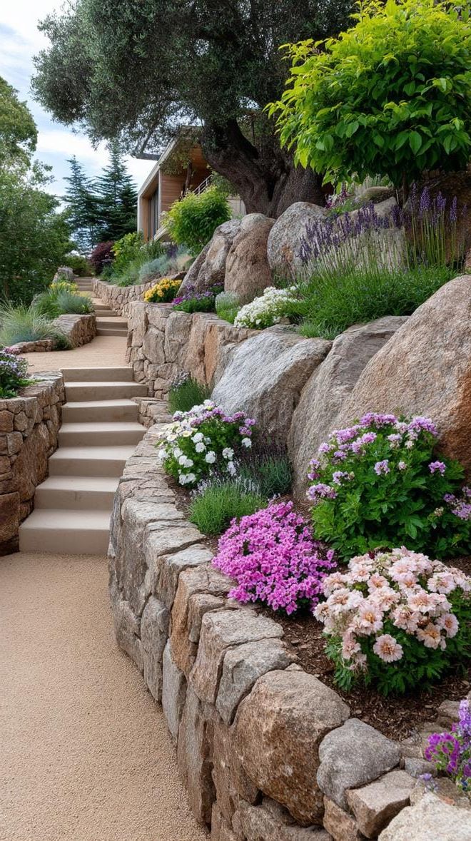 9. Tiered Rock Wall with Pastel Flower Layers