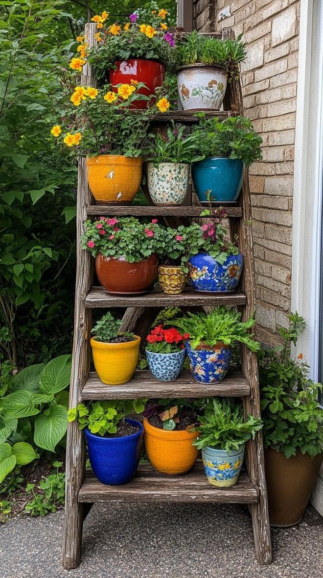 21. An Old Ladder Turned Planter Display - photo 3