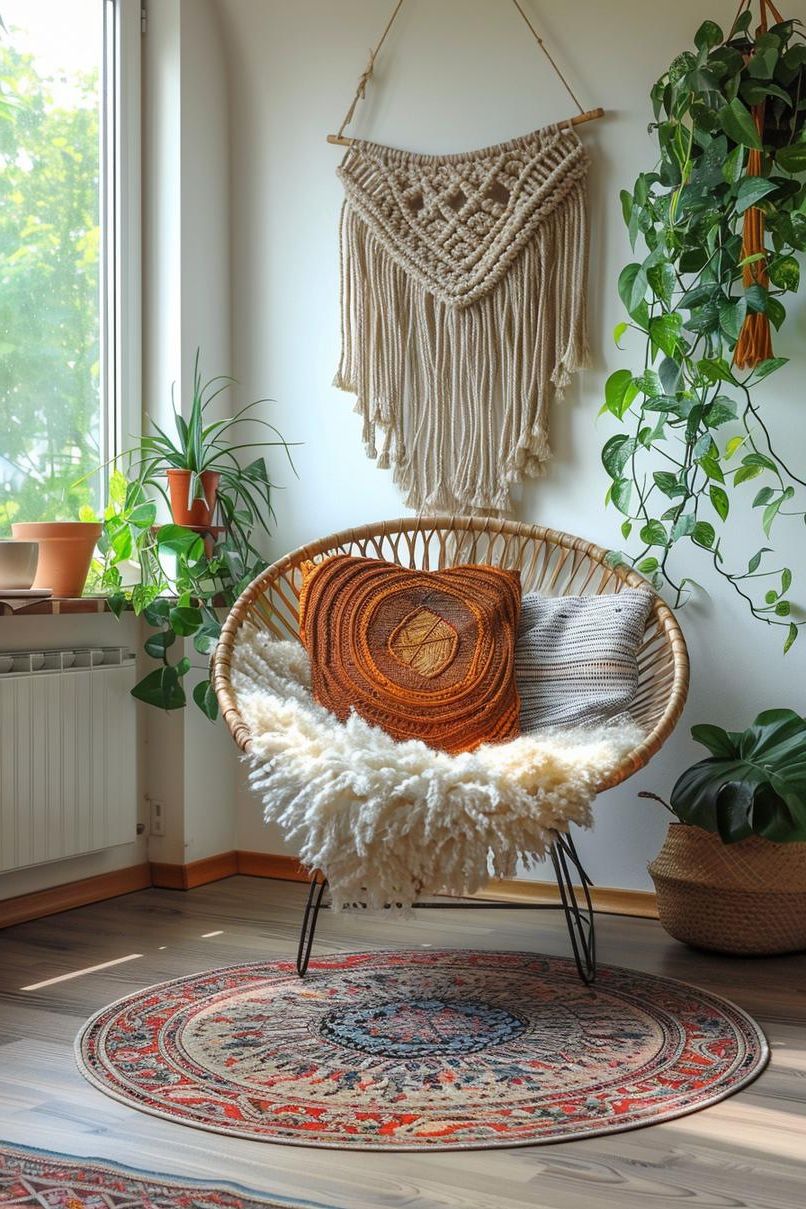 3. Boho Living Room with Rattan Accents