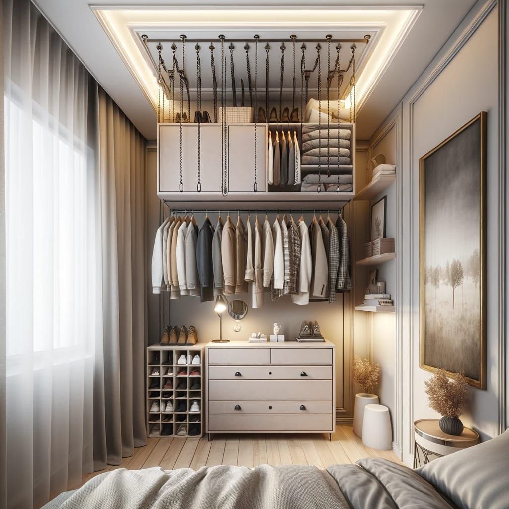 13. Ceiling-Mounted Clothing Racks for Tiny Bedrooms