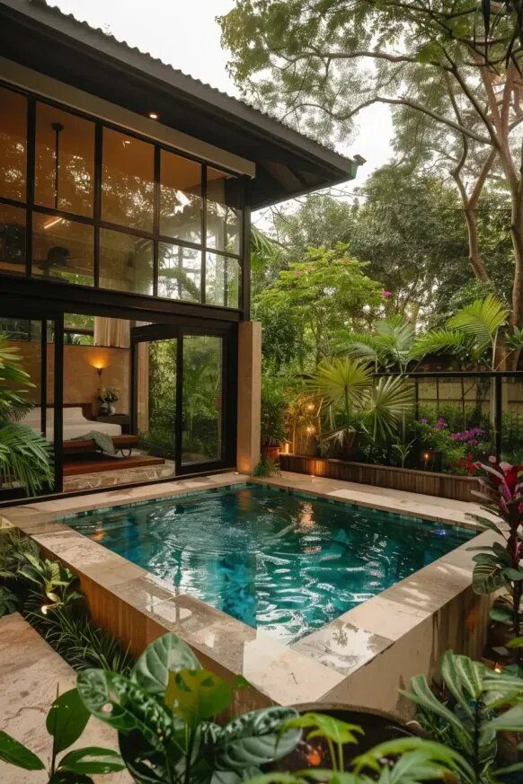 Indoor Plunge Pool Framed By Greenery
