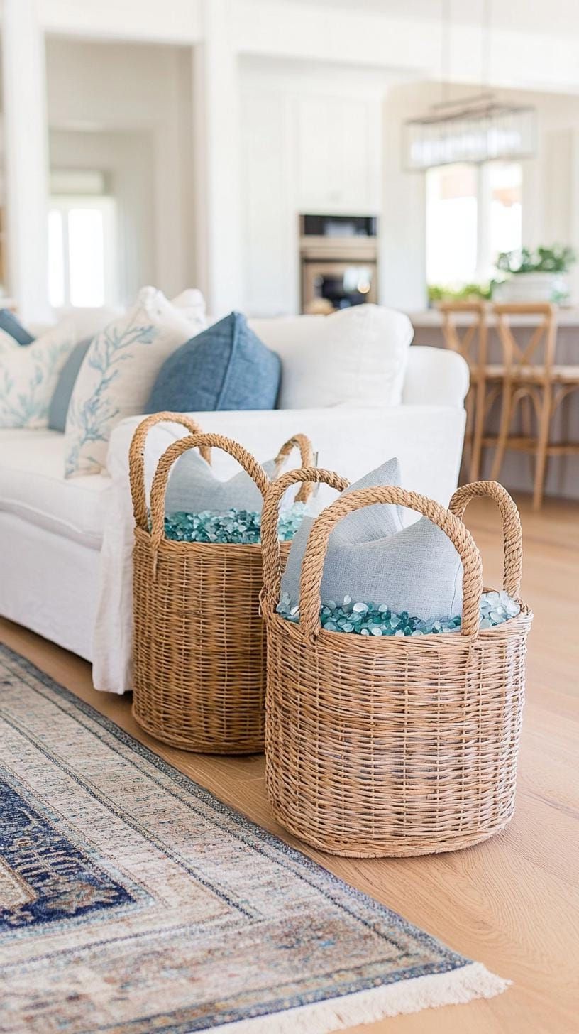 18. Wicker Baskets Styled with Sea Glass