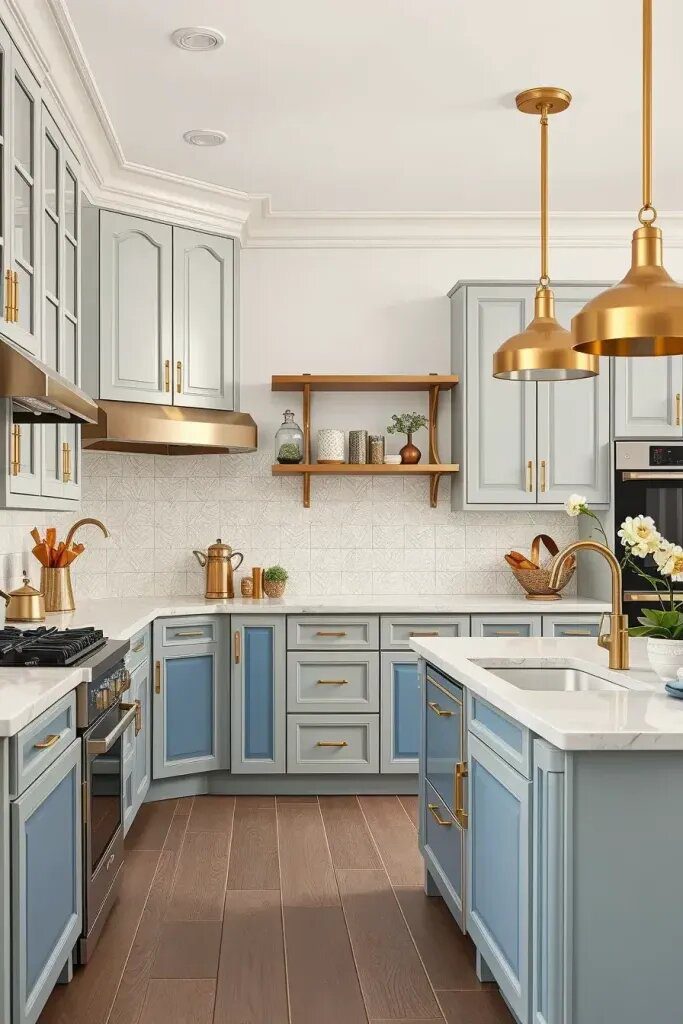 Metal Accents That Elevate Sage and Blue Kitchens