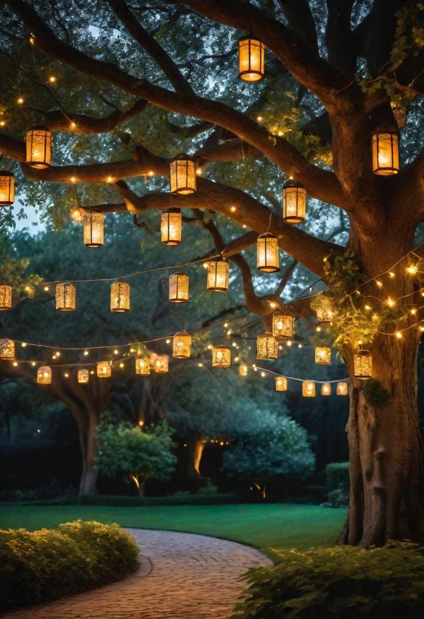 8. Oak Trees With Hanging Lanterns And Fairy Lights - photo 4