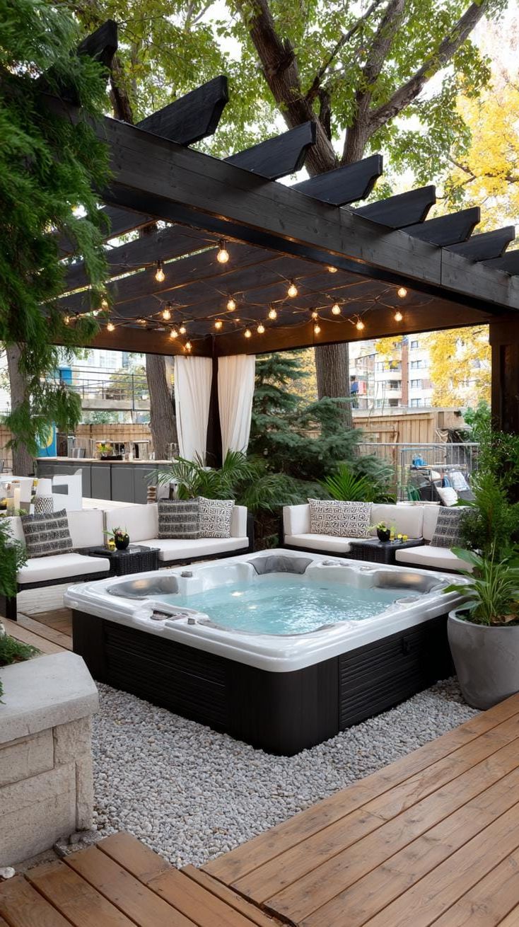 5. Relaxing Hot Tub Oasis with a Stylish Pergola and Twinkling String Lights - photo 4