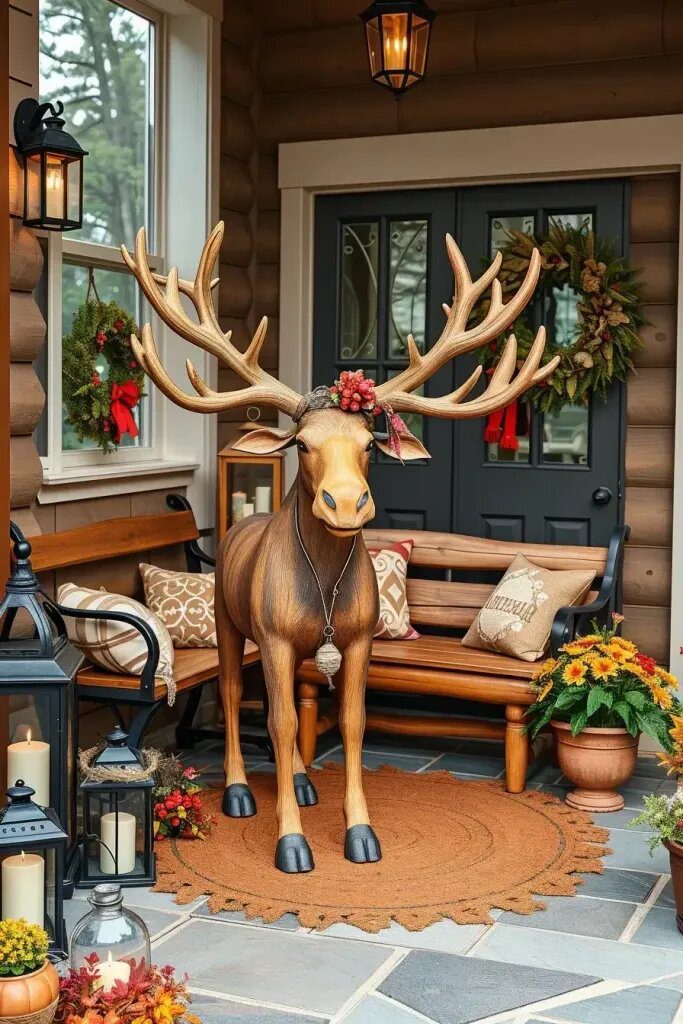 Wooden Moose Statues with Wreath Antlers - photo 2