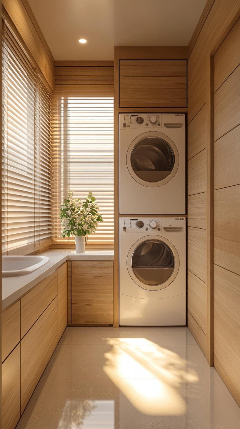 12. Scandinavian beige and white laundry room with wood accents - photo 3