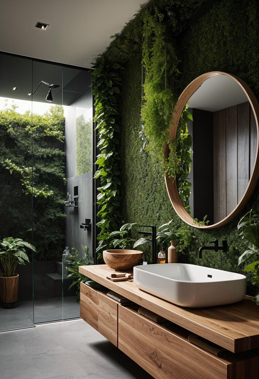 10. Wood and Greenery Bathroom Haven
