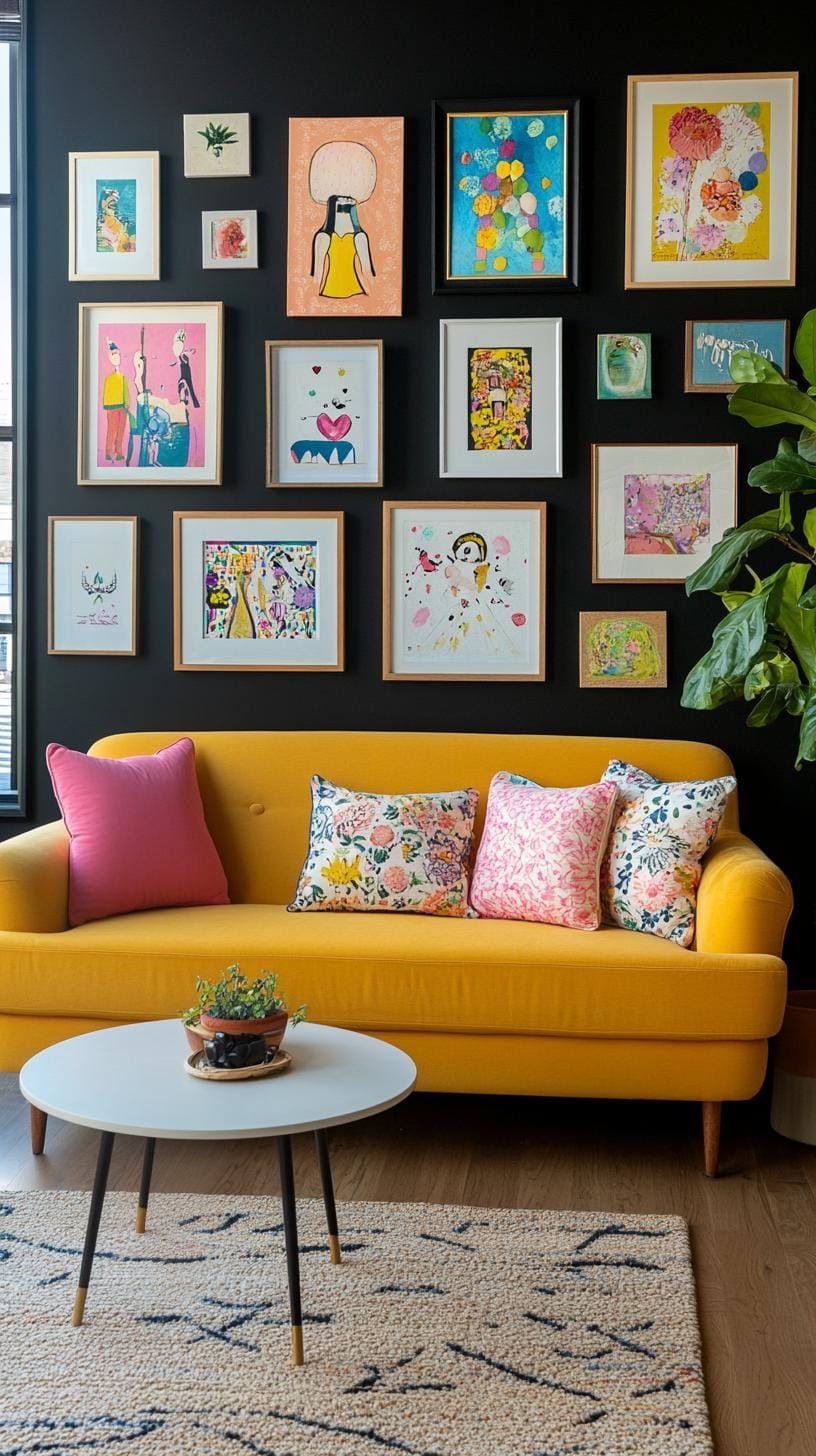 30. Bold Contrast with Art on a Dark Wall