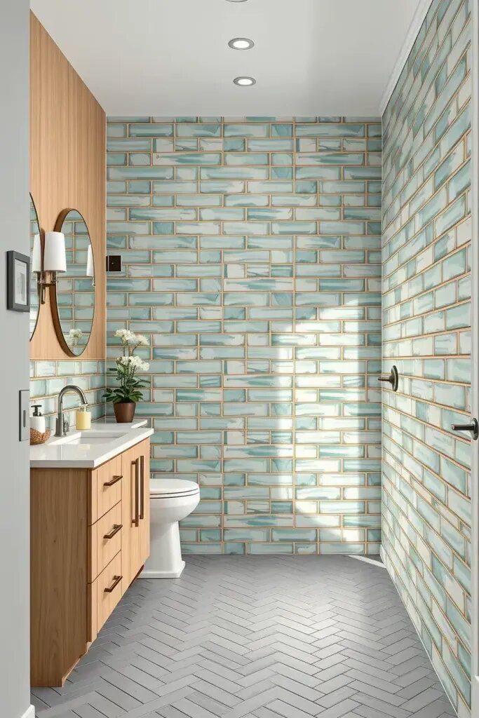 Sage Tiles Paired With Blue Grout Lines